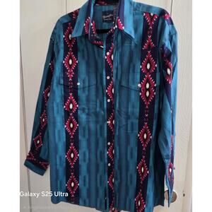 Vintage Wrangler Shirt Men's L Southwestern Aztec Teal Pearl Snap Cowboy Cotton